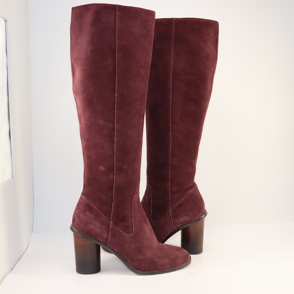 Coach Tall Suede Boots Womens 7 Burgundy Block Heel Knee High Leather Sole Zip - Picture 6 of 8